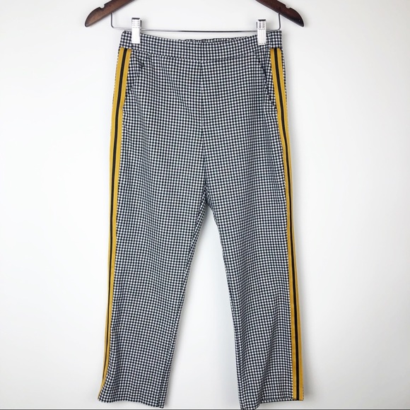 plaid pants with yellow stripe
